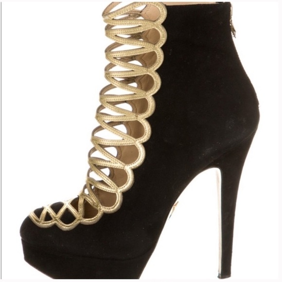 Charlotte Olympia Shoes - Charlotte Olympia Zena Black And Gold Suede Stiletto  Bootie Size 37 women’s